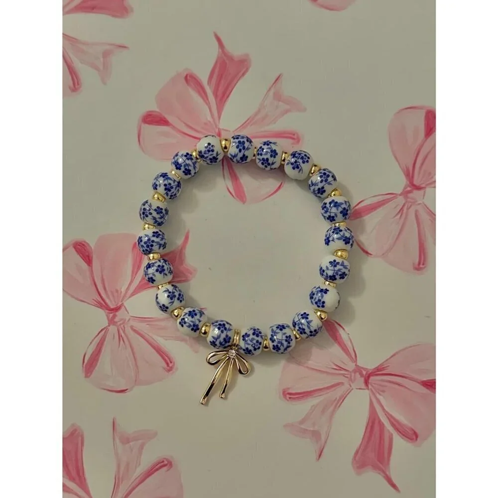 Beads Bow Charm Bracelet for Women - Handmade Flower Vintage Stretch Jewelry